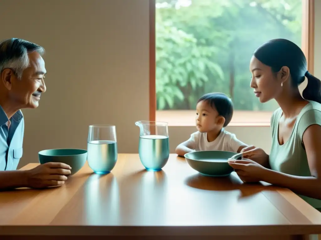 Una ilustración serena y minimalista muestra a una familia reunida alrededor de una mesa, disfrutando de una comida juntos, destacando el consumo responsable de agua en el hogar