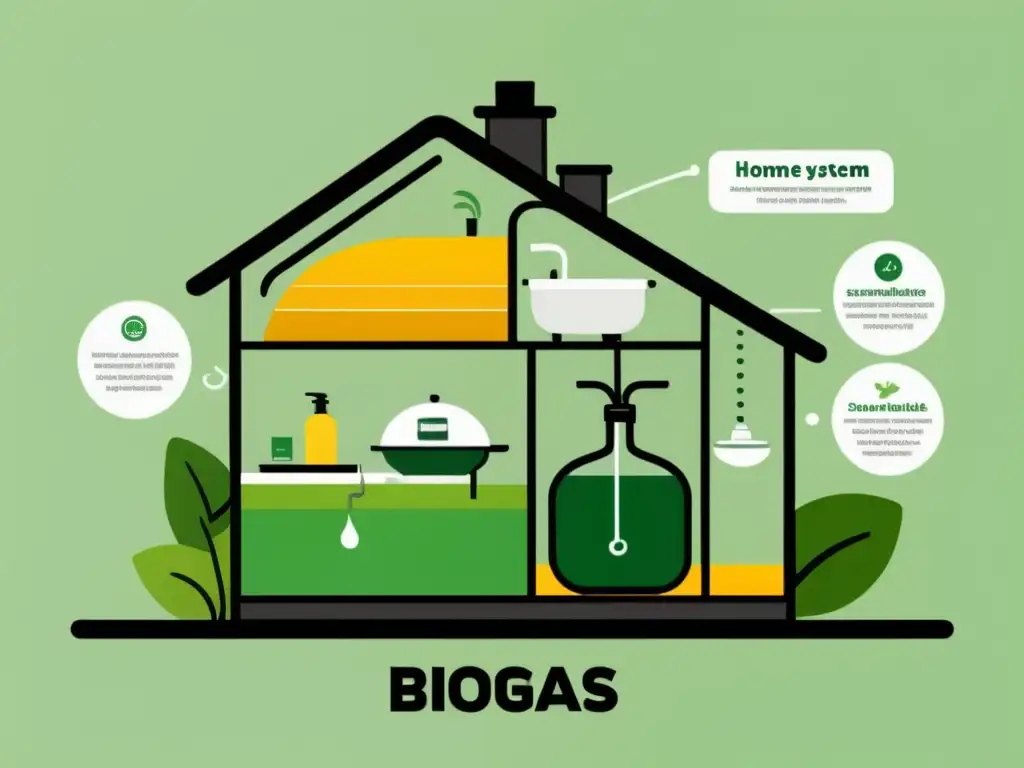 Una ilustración serena y minimalista de un sistema de biogás casero integrado en un hogar moderno, resaltando su funcionalidad eco-amigable