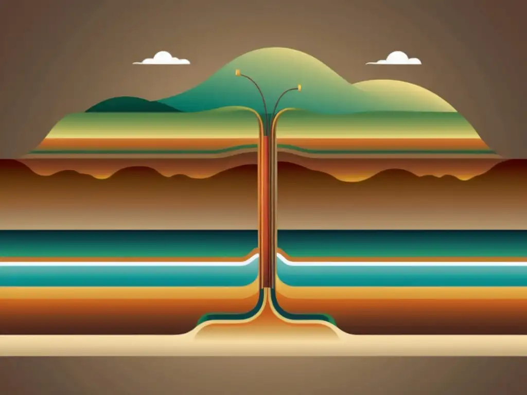 Una ilustración serena y minimalista de un sistema de calefacción geotérmica subterránea sostenible, mostrando el intercambio de calor con la tierra en tonos terrosos y gradientes sutiles