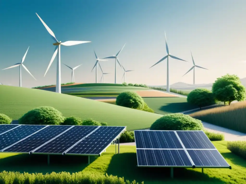 Armonía sostenible: energía limpia en la vida urbana Una ilustración serena y minimalista de una zona residencial con paneles solares y aerogeneradores integrados, mostrando la armoniosa convivencia de cultivos energéticos sostenibles para hogar con la vida urbana