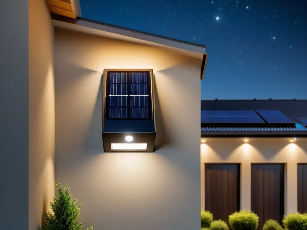 Una imagen de alta calidad muestra una moderna lámpara solar LED para exteriores, iluminando con calidez un entorno nocturno