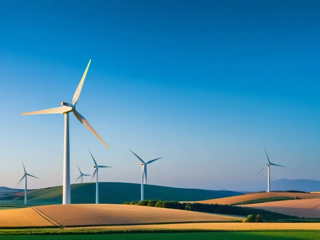 Imagen de atardecer rural con molino eólico, simbolizando la participación comunitaria en energía renovable