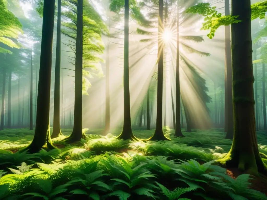 Imagen de un bosque exuberante con luz solar filtrándose entre el dosel, resaltando la belleza natural