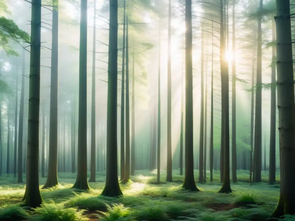 Imagen de un bosque sereno y minimalista con árboles altos y esbeltos que se elevan hacia el cielo