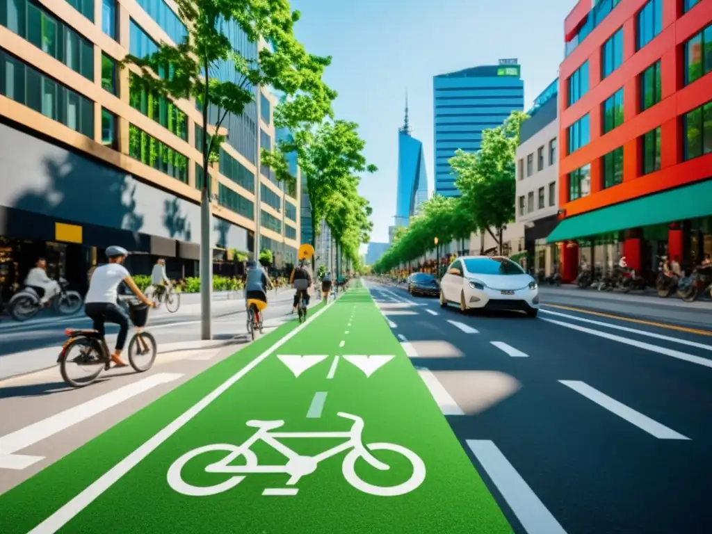 Imagen de una bulliciosa calle urbana con carril bici, destacando alternativas ecológicas de transporte limpio como bicicletas y scooters eléctricos