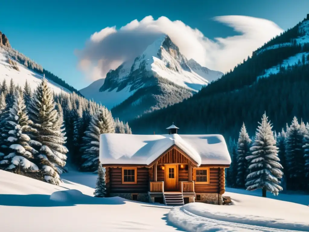 Imagen de una cabaña remota cubierta de nieve en un paisaje montañoso, con humo saliendo de la chimenea