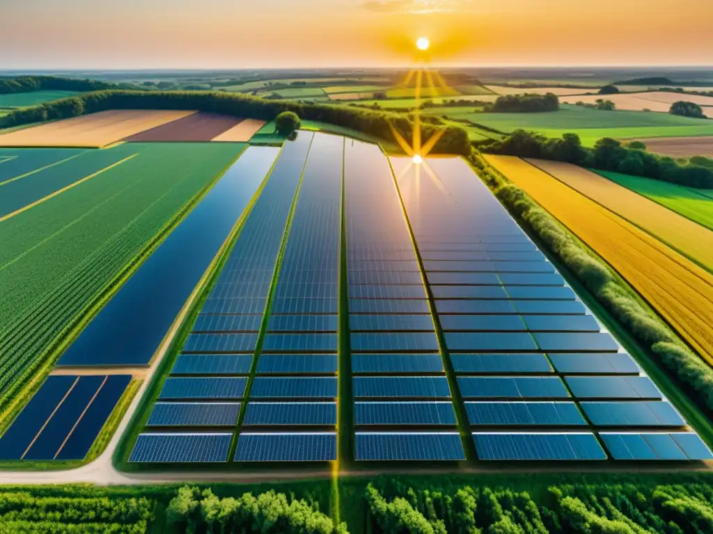 Imagen de campo agrícola bañado por el sol con paneles solares integrados, mostrando la armonía entre energía solar y producción agrícola