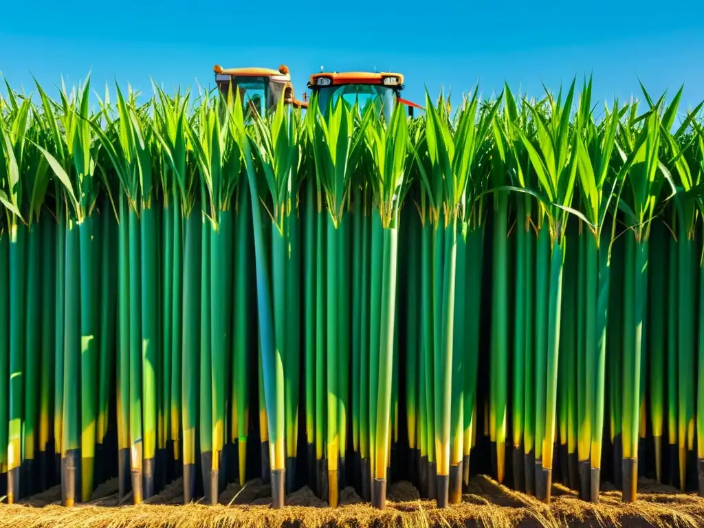 Imagen de campo de caña de azúcar verde bajo cielo azul, con trabajadores cosechando