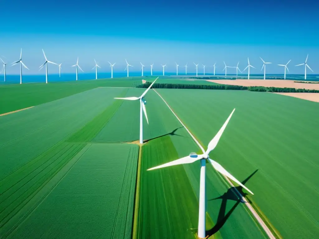 Imagen de campo verde vibrante con molinos de viento elegantes en un cielo azul, transmitiendo armonía entre agricultura sostenible y energía eólica