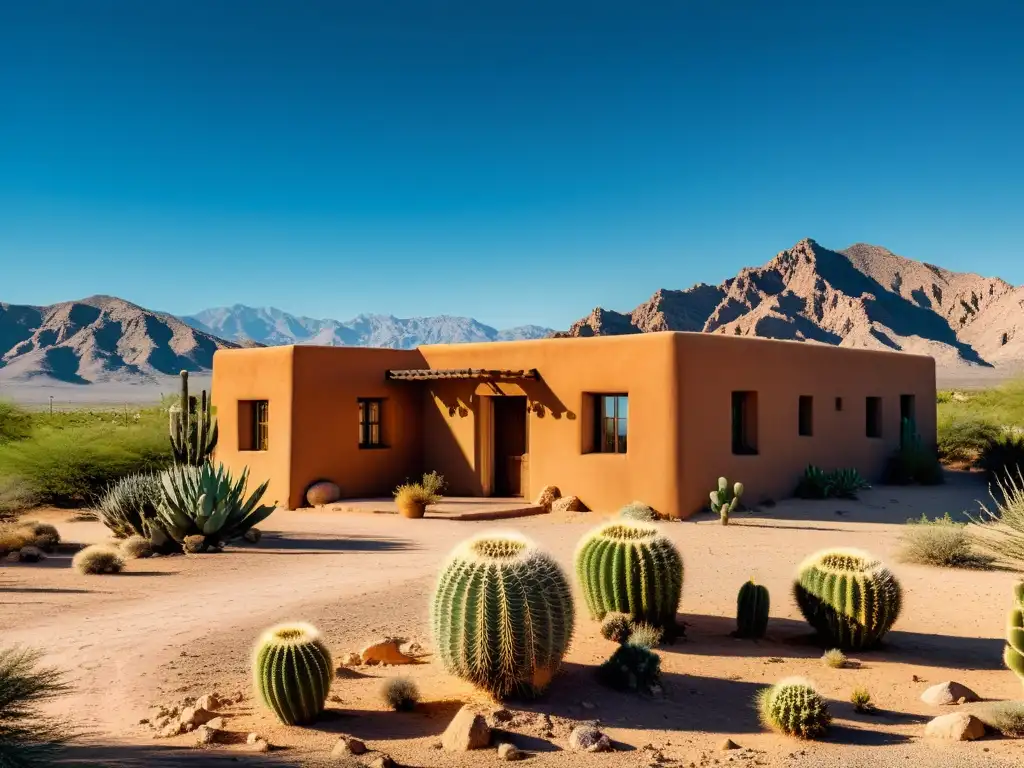 Imagen de una casa de adobe en el desierto, destacando sus tonos cálidos y la armonía con el entorno natural