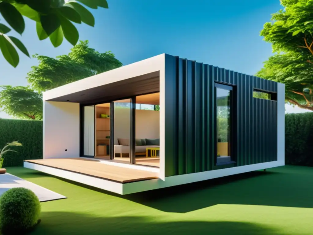 Casa ecológica: innovación y armonía con la naturaleza Imagen de una casa impresa en 3D sostenible, integrando diseño arquitectónico detallado y elementos ecoamigables, en armonía con la naturaleza