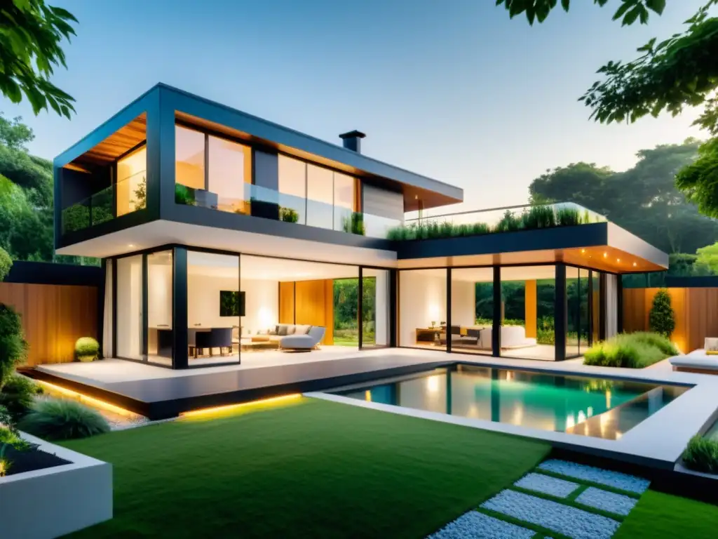 Imagen de una casa inteligente ecoamigable con domótica verde para hogar sostenible, diseño contemporáneo y ambiente sereno