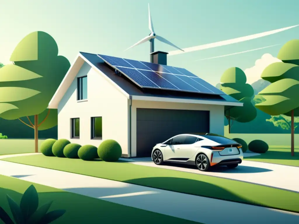 Imagen de una casa moderna y eficiente con paneles solares, turbina eólica y estación de carga para coche eléctrico, rodeada de vegetación