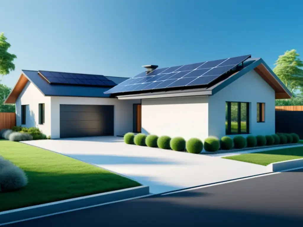 Imagen de una casa moderna y eficiente con integración de sistemas de almacenamiento de energía, paneles solares y vehículos eléctricos cargando