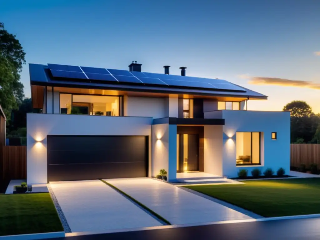 Imagen de una casa moderna con paneles solares y sistema de baterías, iluminada por la luz solar