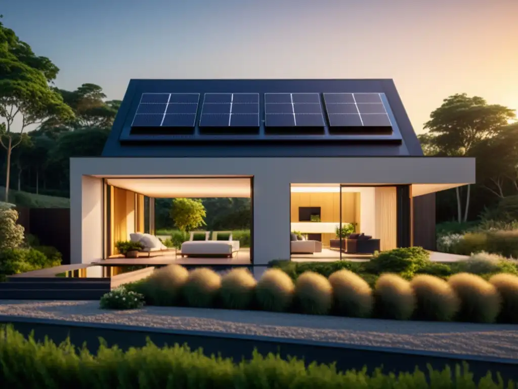 Imagen de casa moderna con paneles solares y tecnología híbrida almacenamiento térmico eléctrico en medio de exuberante vegetación y luz dorada