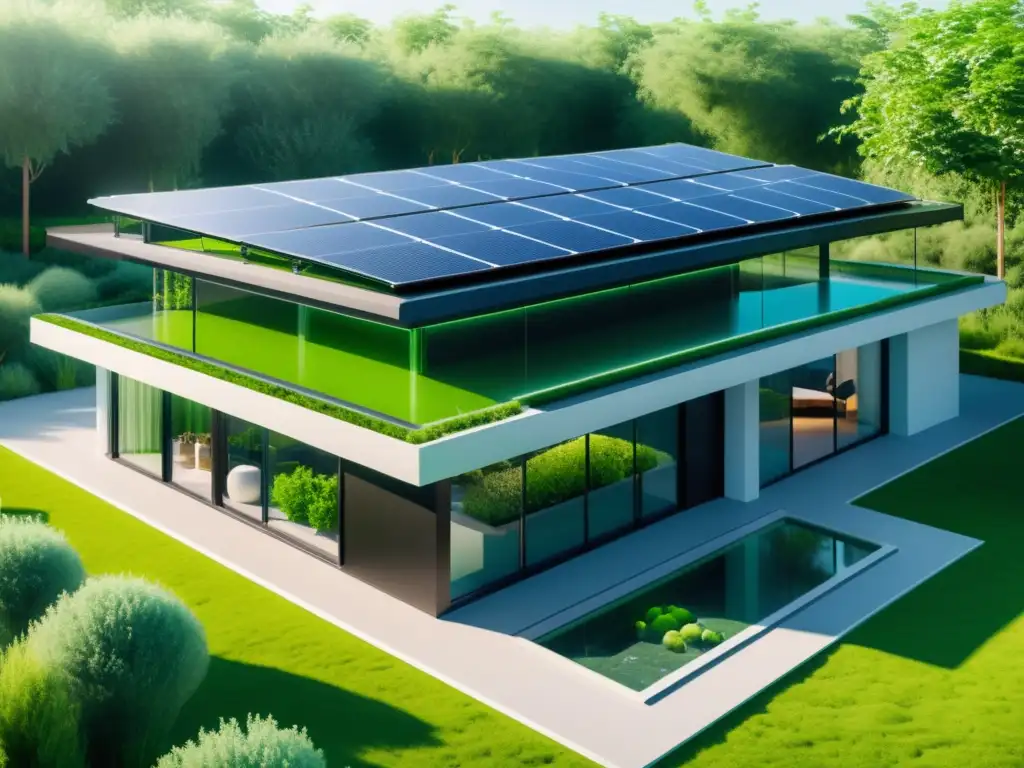 Imagen de una casa moderna con paneles solares y bioreactores de microalgas en un jardín exuberante