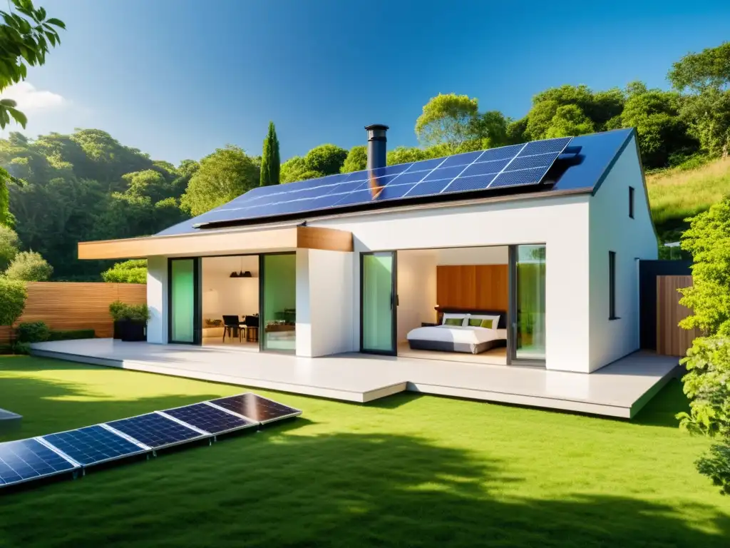 Imagen de casa moderna con paneles solares, rodeada de vegetación exuberante, mostrando integración de energías renovables en hogares