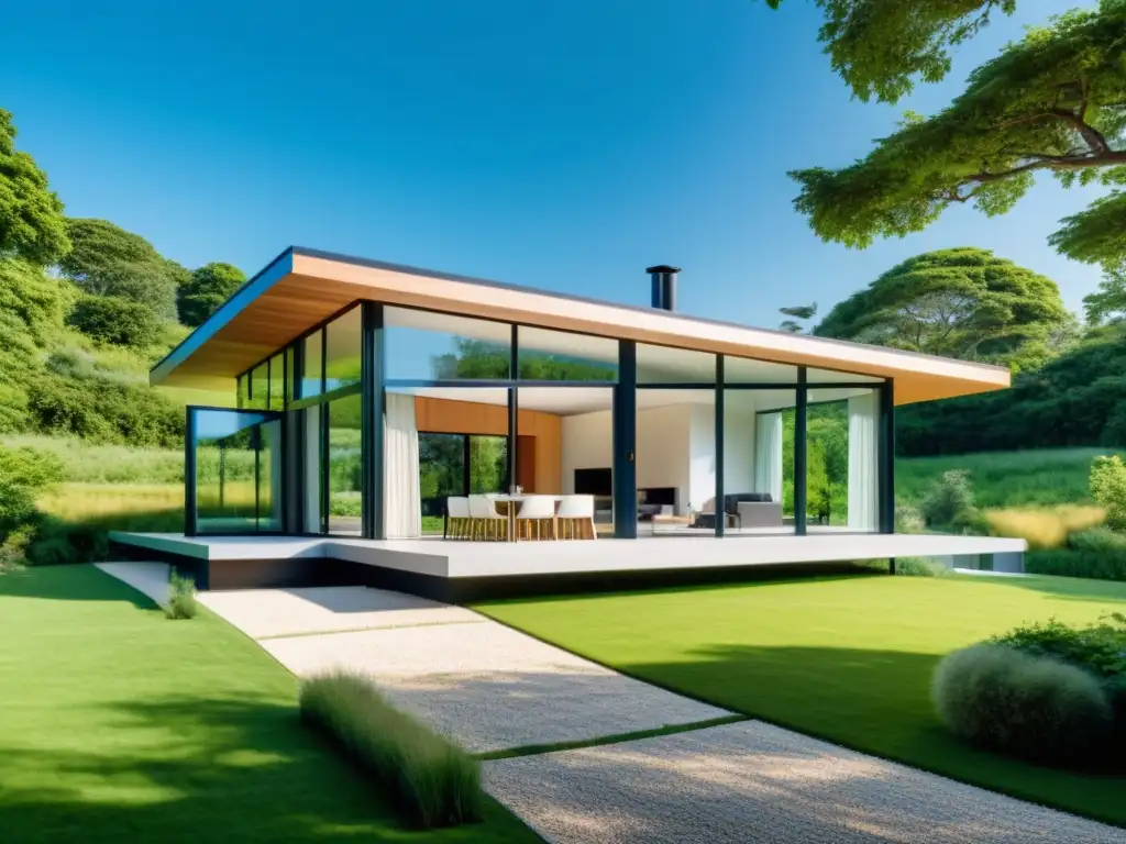 Imagen 8k de casa moderna rodeada de naturaleza con aplicaciones de energía solar pasiva