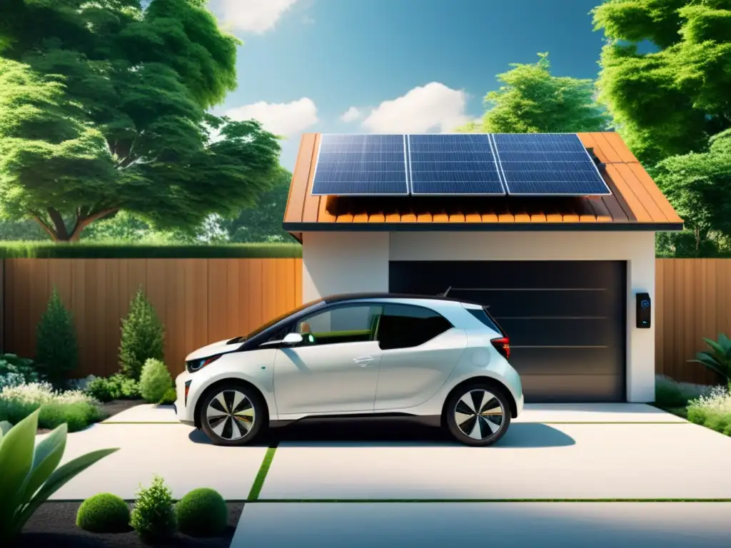 Imagen de una casa moderna y sostenible con paneles solares, un coche eléctrico y un jardín exuberante