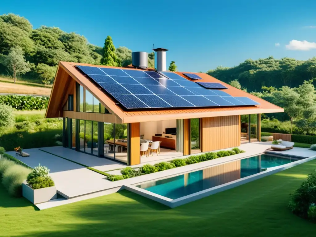 Imagen 8k de casa sostenible con paneles solares, jardín y turbinas eólicas