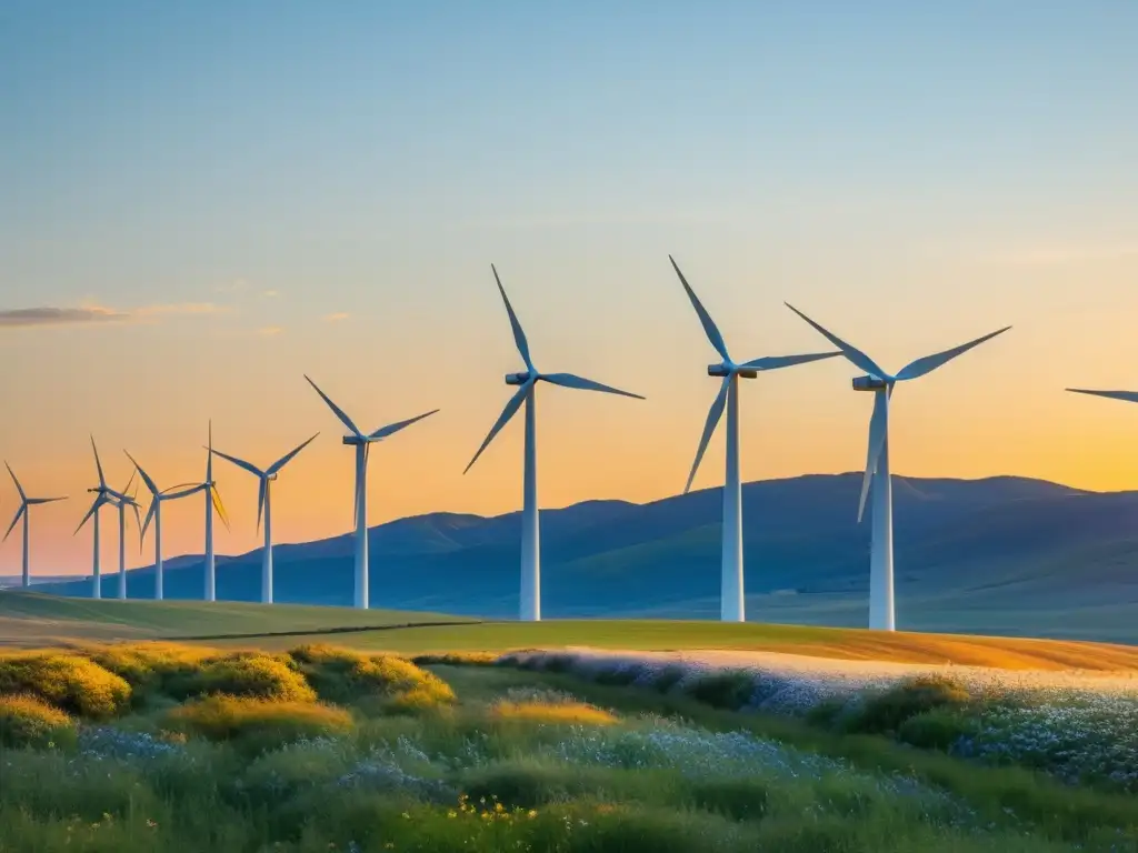 Imagen de cooperativas de energía eólica sostenible: molinos modernos girando en un cielo azul al atardecer, rodeados de naturaleza serena