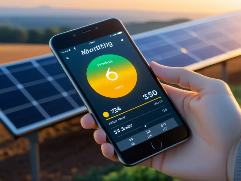 Imagen 8K detallada de una app de monitoreo del rendimiento de paneles solares en un smartphone moderno