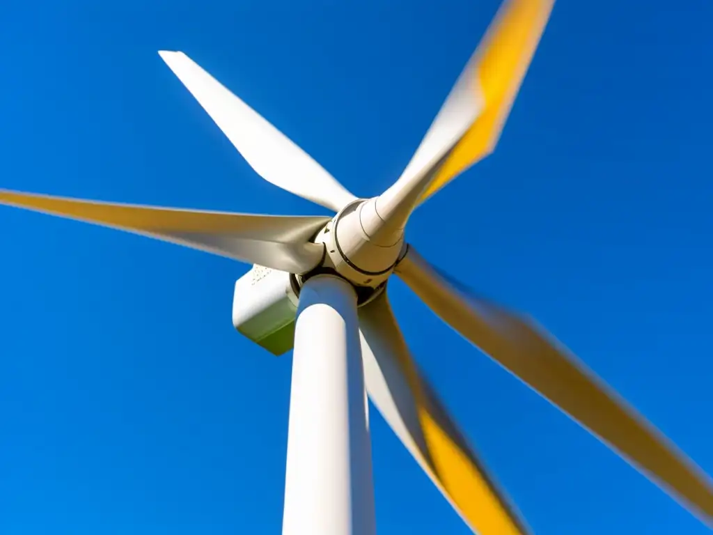 Una imagen detallada de una elegante turbina eólica moderna girando contra un cielo azul claro