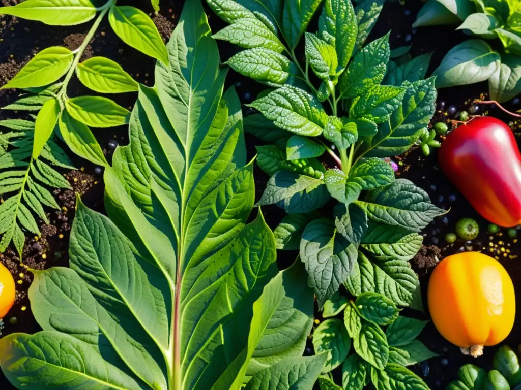 Una imagen detallada de un exuberante huerto urbano sostenible, cultivando alimentos en la ciudad con belleza y productividad