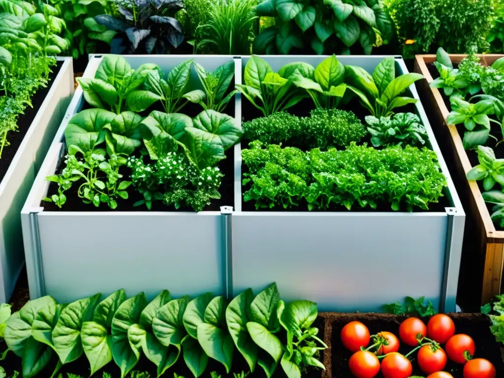 Imagen detallada de un exuberante huerto orgánico con plantas verdes vibrantes y hortalizas brillantes con gotas de lluvia