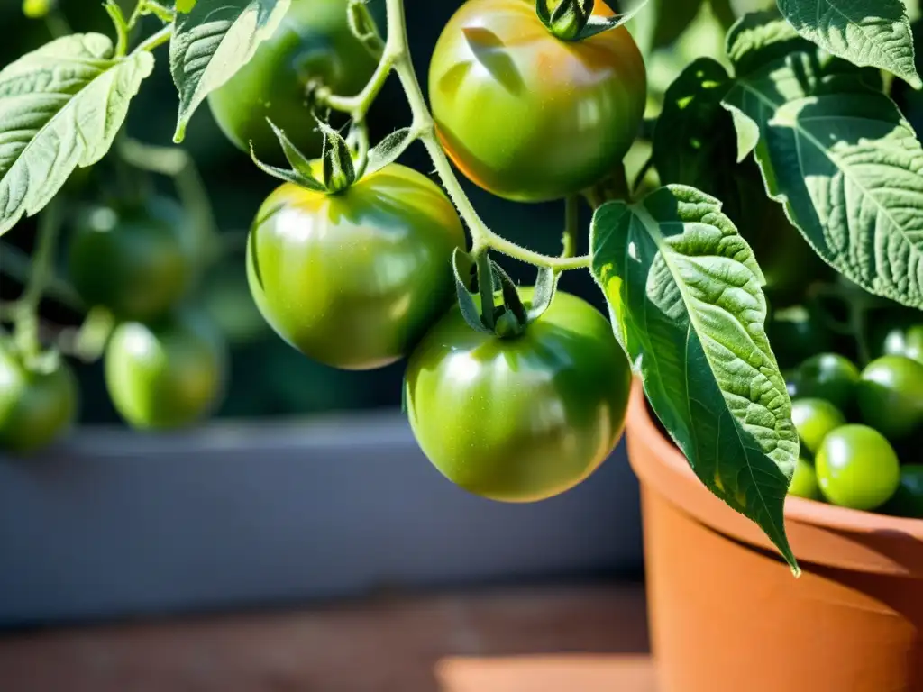 Imagen detallada de una exuberante planta de tomate con tomates maduros, hojas verdes y luz solar filtrándose