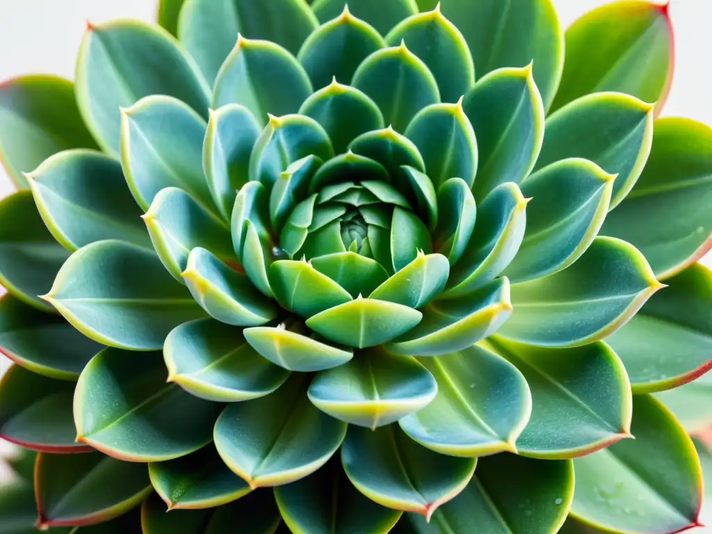 Una imagen detallada de una hermosa planta suculenta Echeveria con hojas simétricas cubiertas de gotas de agua, destacando su belleza natural