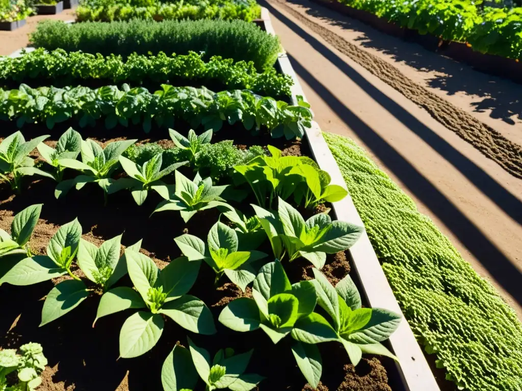 Una imagen detallada de un huerto comunitario, con plantas verdes vibrantes en filas ordenadas