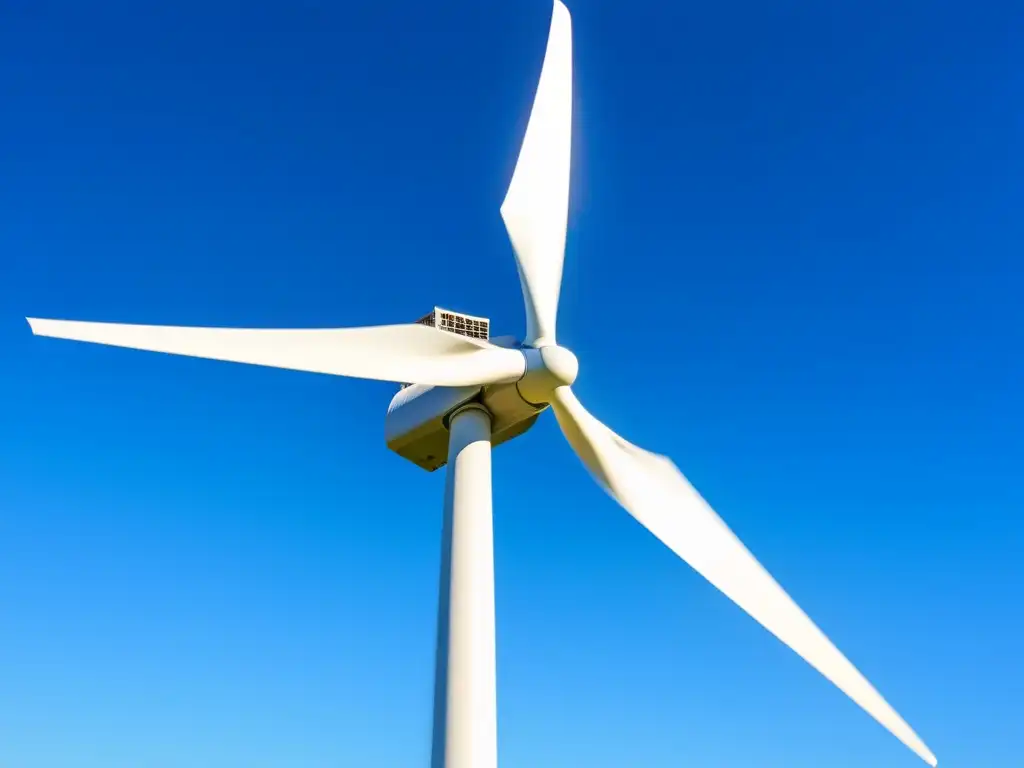 Una imagen detallada de una moderna y elegante turbina eólica portátil en contraste con un cielo azul vibrante