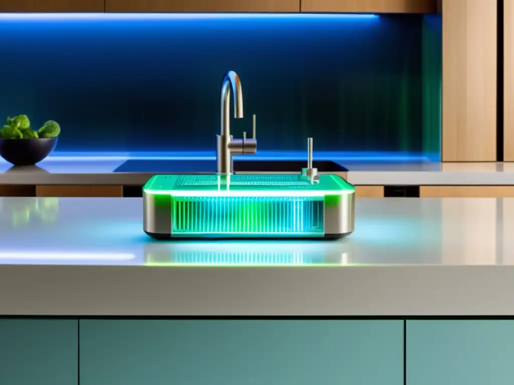 Una imagen detallada de una moderna pila de combustible microbiana transparente en una elegante cocina, iluminada con luces LED azules y verdes