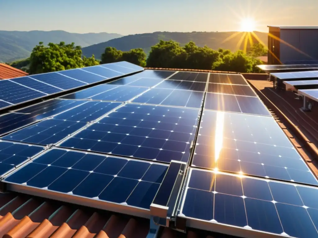 Una imagen detallada de modernas instalaciones solares en un tejado, con paneles relucientes bajo el sol