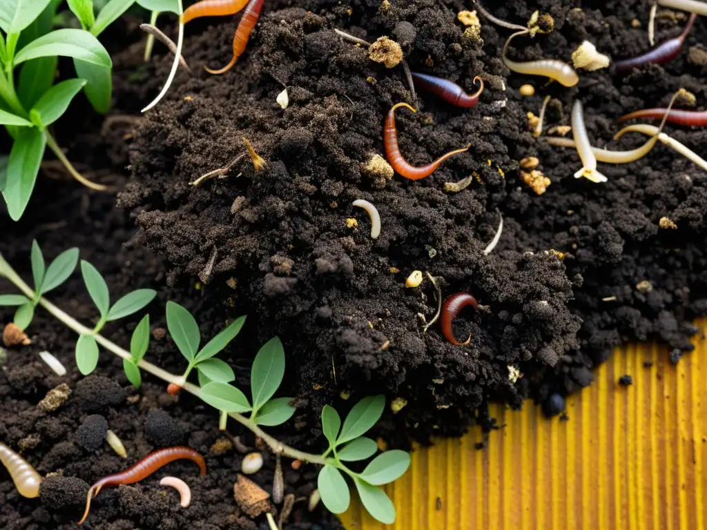 Imagen detallada de una pila de compost con capas de desechos orgánicos, suelo y actividad microbiana