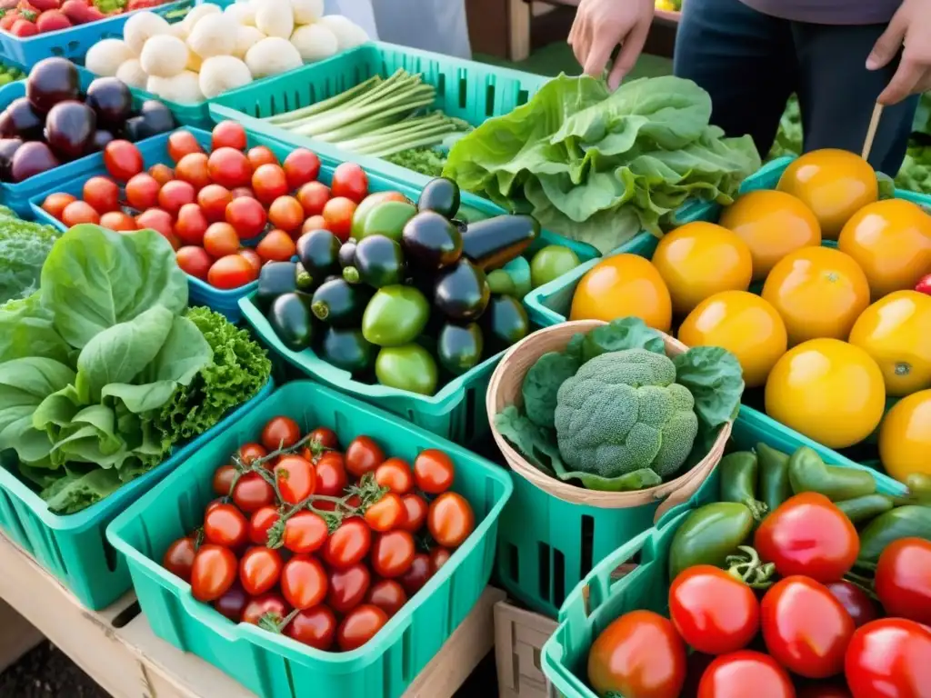 Imagen detallada de un puesto de frutas y verduras en el mercado, resaltando los beneficios de consumir productos locales de temporada