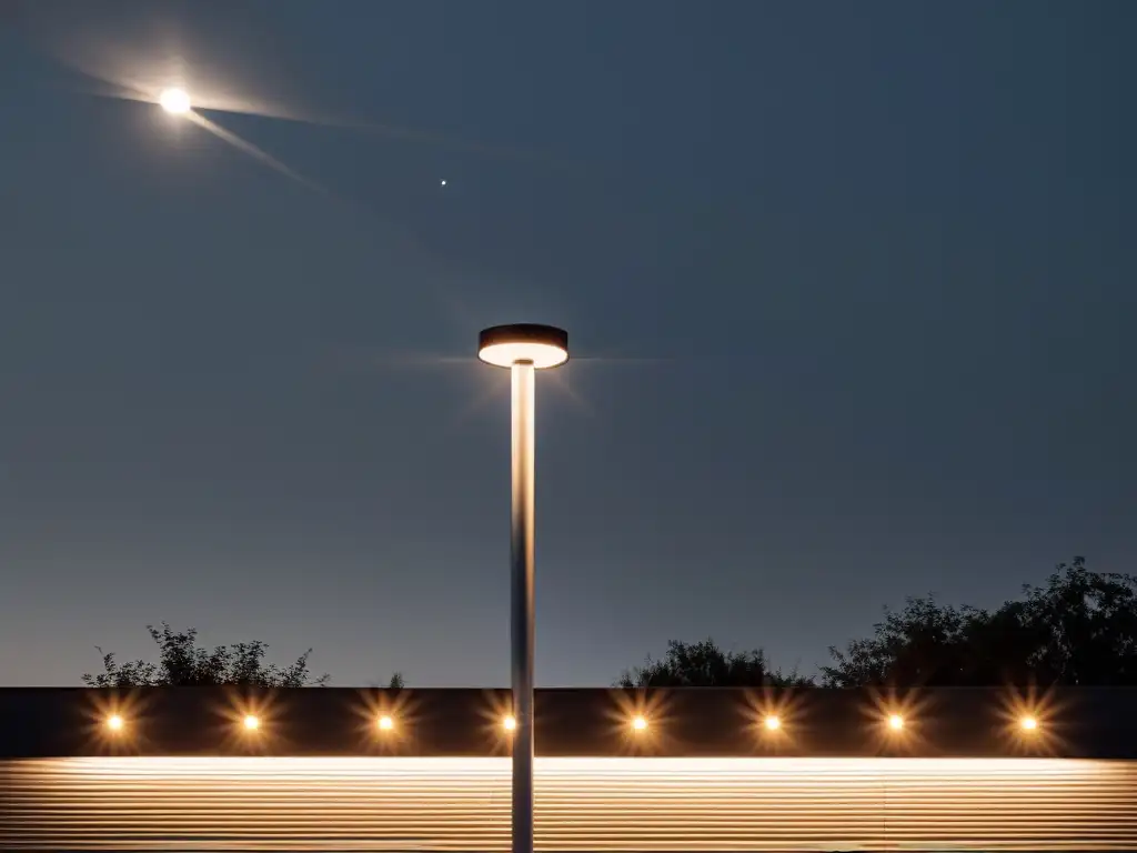 Una imagen de iluminación eficiente con fotocélulas y relés crepusculares, integrada en el ambiente natural con diseño sofisticado y suave iluminación