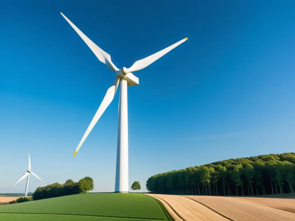 Imagen de un elegante aerogenerador en un paisaje rural, transmitiendo beneficios energía eólica para hogares