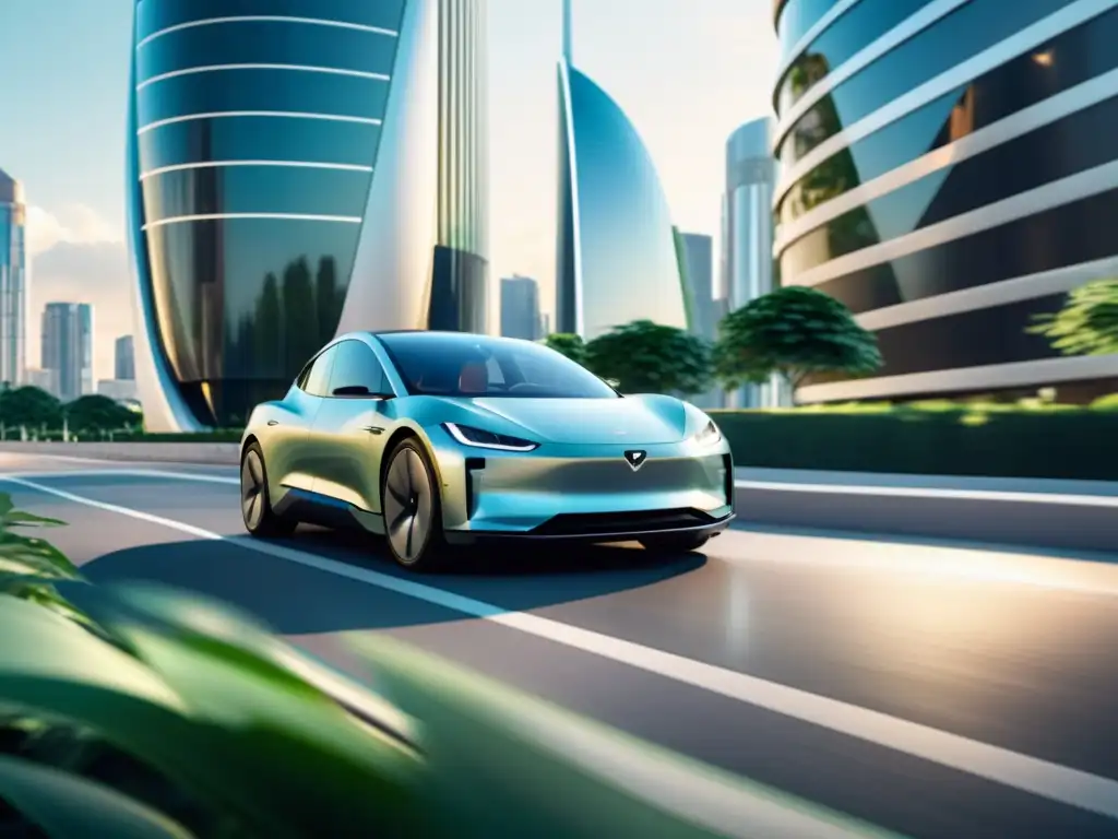 Imagen 8k de un elegante coche eléctrico en una ciudad futurista, con apoyo gubernamental a la movilidad eléctrica