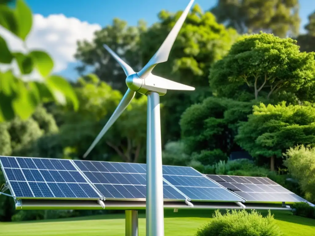 Una imagen de un elegante y moderno aerogenerador portátil en un exuberante jardín, junto a paneles solares en el techo de una casa sostenible