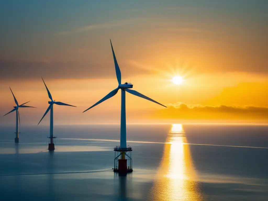 Imagen de una elegante turbina eólica marina emergiendo de aguas brumosas al amanecer, reflejando el resplandor dorado del sol