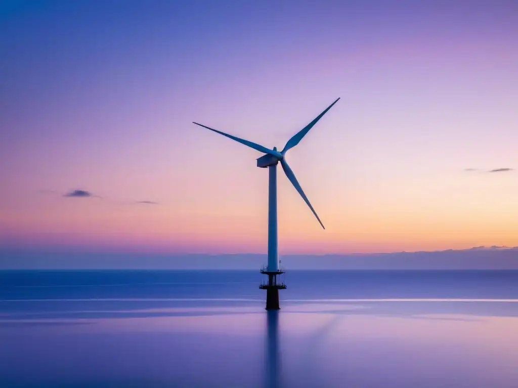 Imagen de una elegante turbina eólica offshore en mares, irradiando tranquilidad y belleza en un atardecer sereno