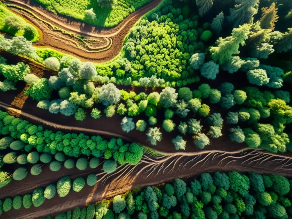 Imagen 8k de un exuberante paisaje verde con suelo fértil y vida microbiana