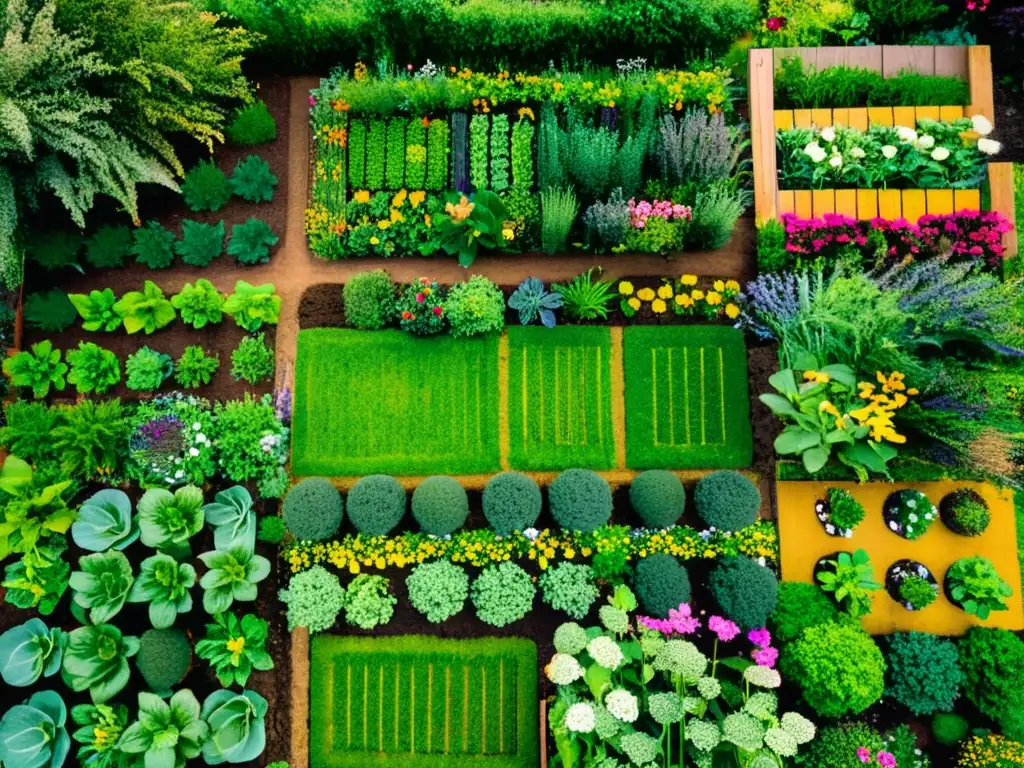 Imagen de un exuberante jardín de permacultura, con plantas verdes, flores coloridas y suelo bien cuidado