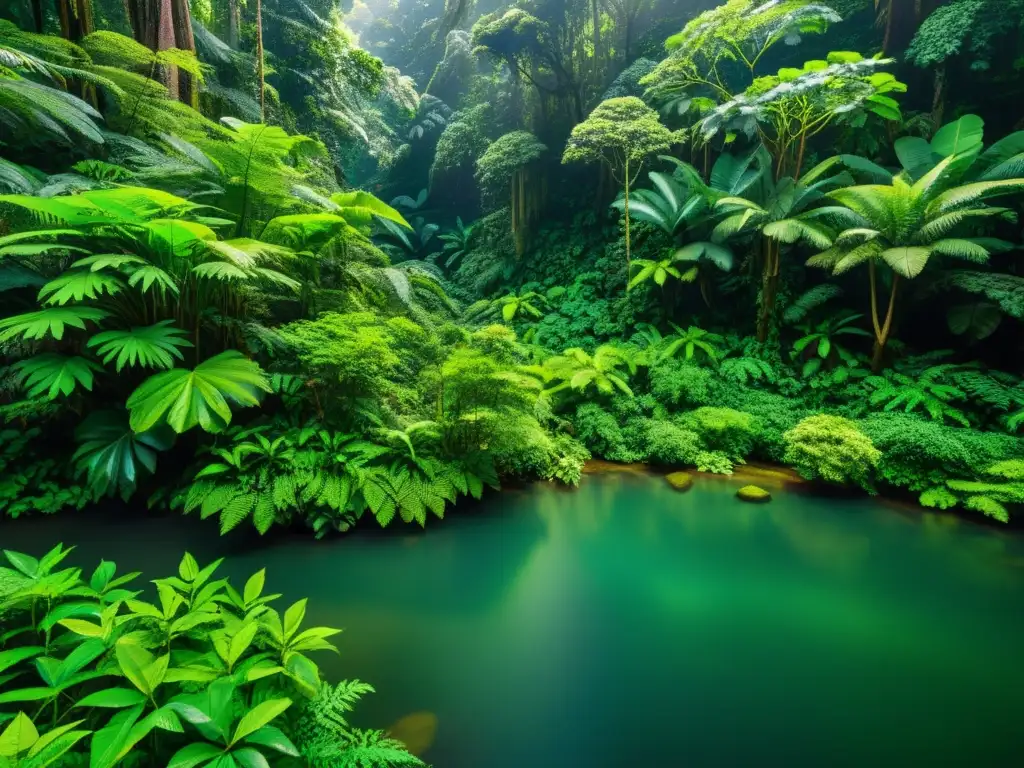 Imagen 8k de una exuberante selva con biodiversidad, reflejando la importancia de la educación en bioenergía sostenible