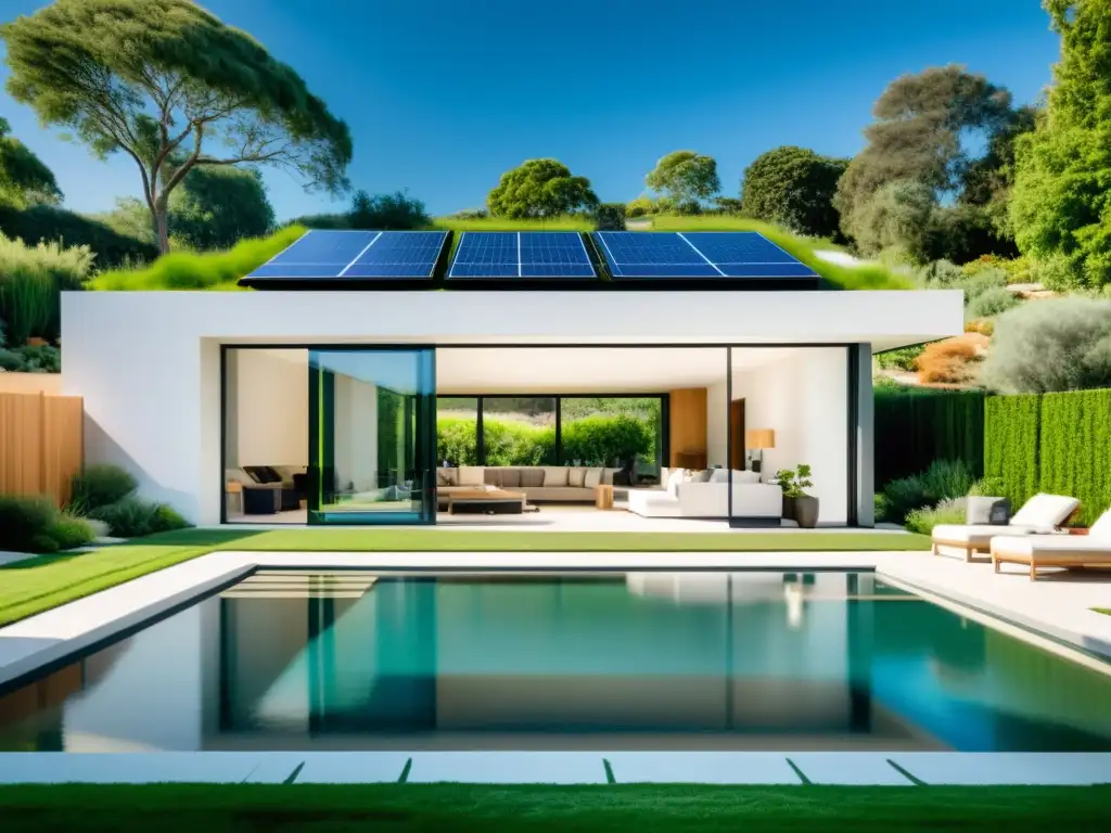 Imagen de un hogar sostenible con automatización, energía solar y jardín ecológico, transmitiendo tranquilidad y sofisticación