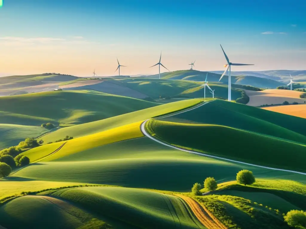 Imagen idílica de un paisaje rural con colinas verdes, molinos de viento al fondo y cielo azul