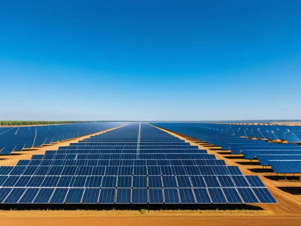 Una imagen impactante de un extenso campo solar con paneles fotovoltaicos bajo un cielo azul